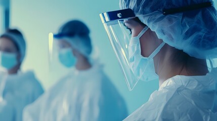 A woman in a white protective suit with a face mask and face shield.