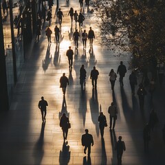 People walking on a busy city street in bright afternoon sun casting long shadows on the pavement 