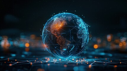 Obraz premium A stunning 3D representation of a globe illuminated with vibrant blue and orange lights, showcasing a digital network connection against a dark background.