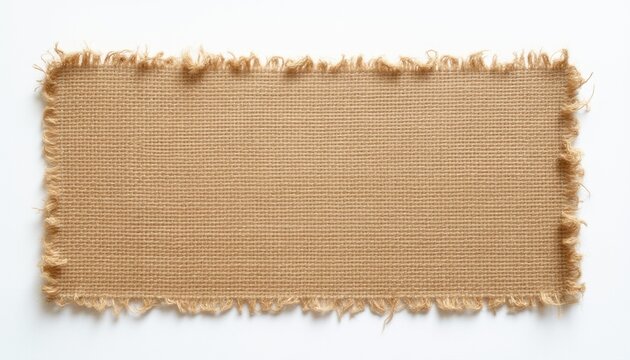 A rectangular piece of rough, beige-colored burlap cloth with frayed edges on a white background.