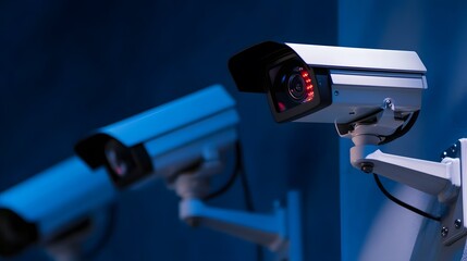 Security cameras on a blue wall.