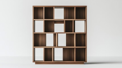 A tall bookshelf with multiple compartments, isolated on a white background