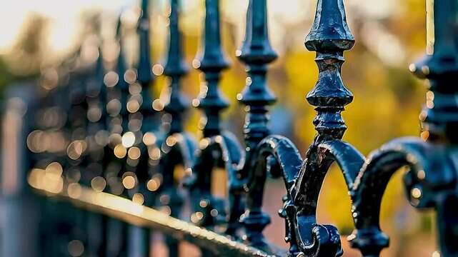 A close-up of a black wrought iron fence 