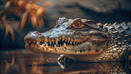 Fototapeta premium crocodile in the watercrocodile, alligator, reptile, animal, teeth, wildlife, wild, predator, dangerous, danger, nature, mouth, zoo, head, gator, croc, eye, water, skin, tooth, carnivore, everglades, 