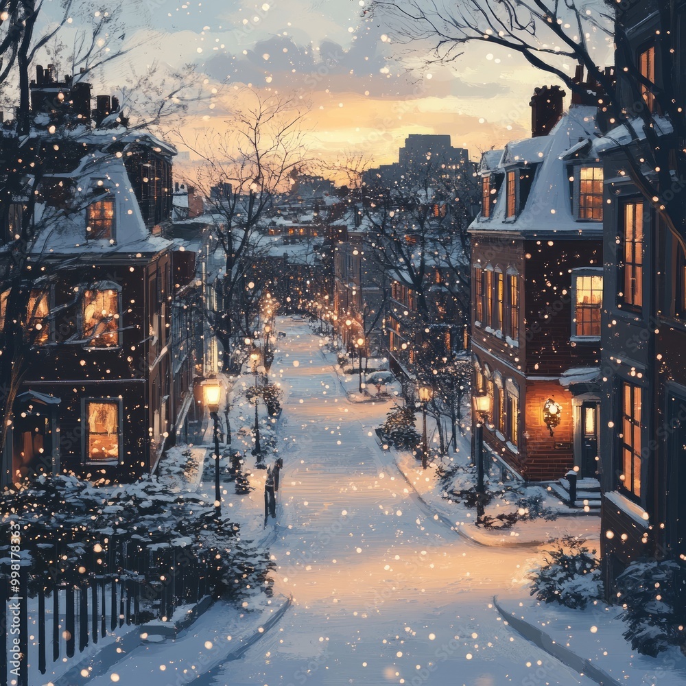 Canvas Prints Snow-covered street with warm lights in a town during a snowy day, with two people walking in the distance.