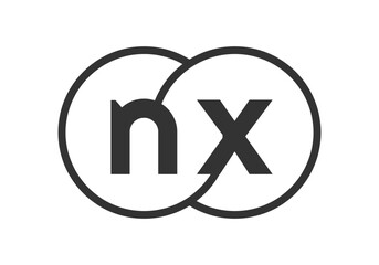 NX business company emblem with outline rounds and letters n x. Logo template of two merged circles for brand identity, logotype. Vector Infinity symbol