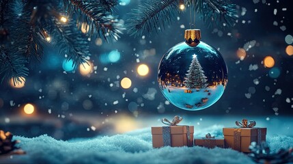 Bauble reflecting a Christmas tree, hanging from a snowy fir branch. Gift boxes are scattered below, with glowing blue abstract lights creating a magical night atmosphere.