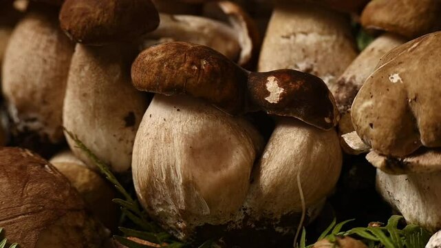 Freshly picked porcini mushrooms, quantity of edible mushrooms, food background, concept of healthy genuine food ingredients
