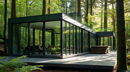Modern Glass House Surrounded by Lush Forest with Serene Atmosphere
