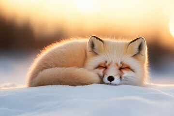 Obraz premium Fluffy Arctic Fox Curled Up on Soft Snow Bed