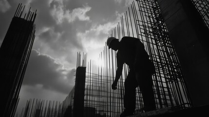A Construction Worker's Silhouette Against a Cloudy Sky and Steel Rebar Framework
