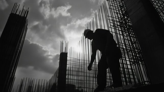 A Construction Worker's Silhouette Against a Cloudy Sky and Steel Rebar Framework