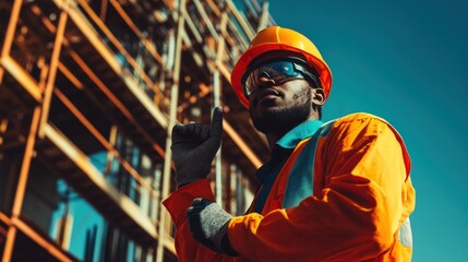 Obraz premium Construction Worker Wearing Hard Hat and Safety Glasses