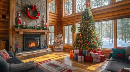 Bright and cheerful living room with a Christmas tree, fireplace, and colorful holiday decorations. Presents sit under the tree in this cozy wooden home.