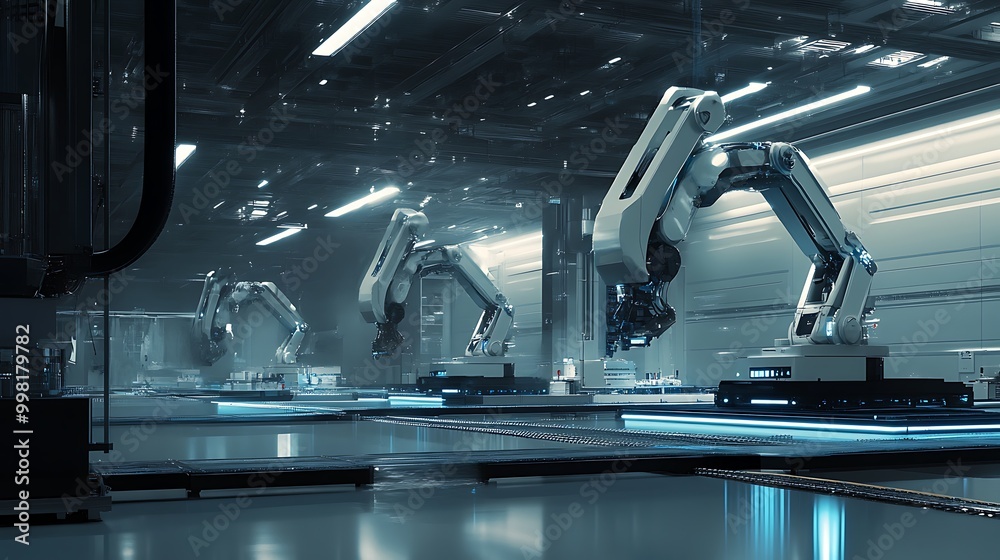 Poster a futuristic factory powered by cutting-edge robotics and automation systems