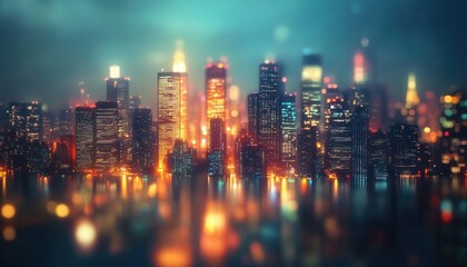 Fototapeta premium Cityscape at night with illuminated skyscrapers, urban setting, wide shot, sharp focus, vibrant colors, high detail