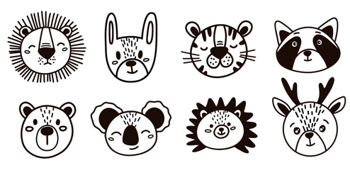 Cute hand drawn animals vector set. Vector lion, koala, hare, tiger, raccoon, bear, hedgehog, deer. Great for creating children's clothing. © Dilara