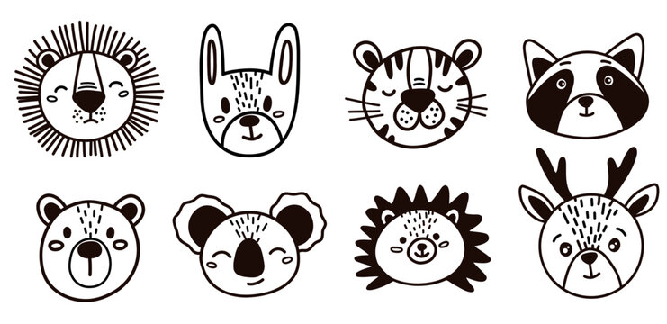 Cute hand drawn animals vector set. Vector lion, koala, hare, tiger, raccoon, bear, hedgehog, deer. Great for creating children's clothing.