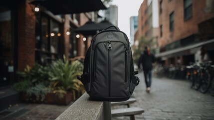 Obraz premium A sleek black backpack on a city street with greenery nearby.
