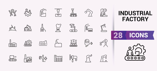 Industial factory icon set. Related to power industry, Plant, Nuclear plant, Manufacturing line icons. Editable stroke. Vector illustration