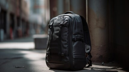 A sleek black backpack positioned on a city street.