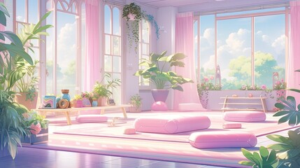 Yoga studio background, featuring soft-colored mats, peaceful decor, and a calming atmosphere.