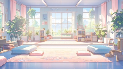 Yoga studio background, featuring soft-colored mats, peaceful decor, and a calming atmosphere.