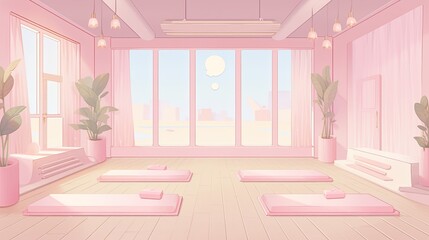 Yoga studio background, featuring soft-colored mats, peaceful decor, and a calming atmosphere.