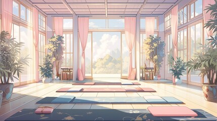 Yoga studio background, featuring soft-colored mats, peaceful decor, and a calming atmosphere.