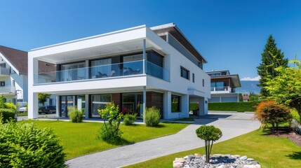 Modern House with Green Grass and Blue Sky