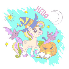 Halloween card with unicorn witch and pumpkin vector illustration