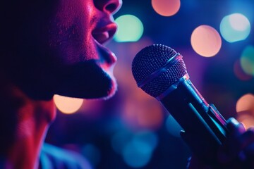Close-up of a professional microphone with a singer's mouth in the background, set against a vibrant, colorful bokeh of stage lights creating a lively atmosphere
