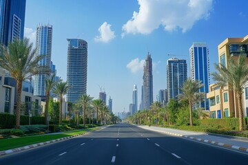 Fototapeta premium Wide urban avenue lined with palm trees and modern skyscrapers, showcasing the blend of nature and architecture in a developing city landscape