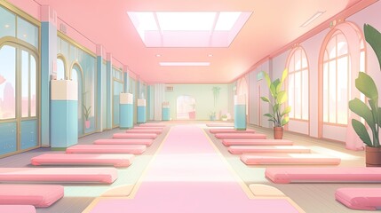 Yoga studio background, featuring soft-colored mats, peaceful decor, and a calming atmosphere.