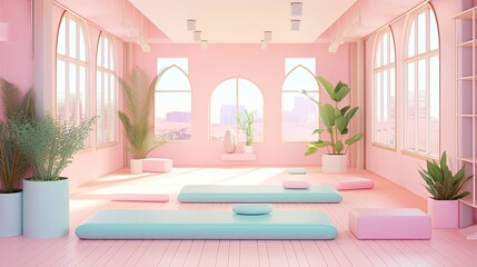 Yoga studio background, featuring soft-colored mats, peaceful decor, and a calming atmosphere.