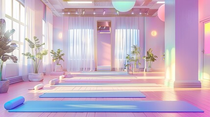 Yoga studio background, featuring soft-colored mats, peaceful decor, and a calming atmosphere.