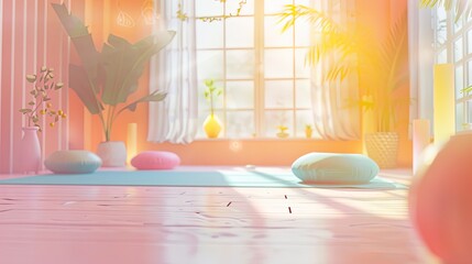 Yoga studio background, featuring soft-colored mats, peaceful decor, and a calming atmosphere.