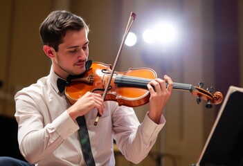 Violinist tuning a violin before a concert