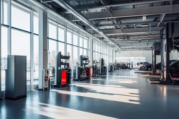 Spacious and bright car service center with large windows, featuring advanced equipment and a clean, organized layout for efficient vehicle maintenance