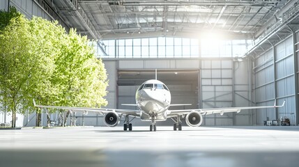 Hangar door rising with a low rumble sunlight flooding into the vast space and reflecting off the sleek surface of a private jet ready for takeoff