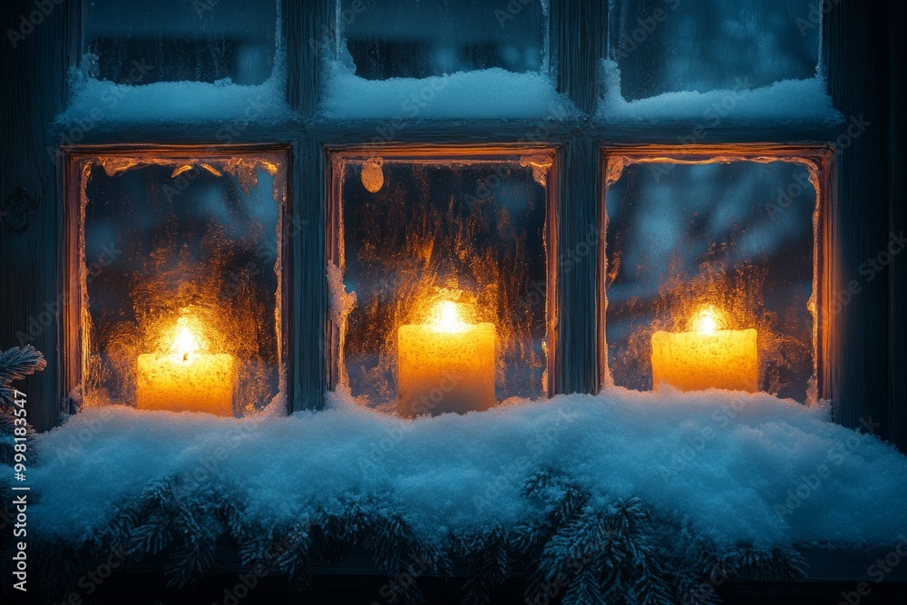 Wall mural Three candles burning brightly in a snow-covered window pane on a cold winter night.