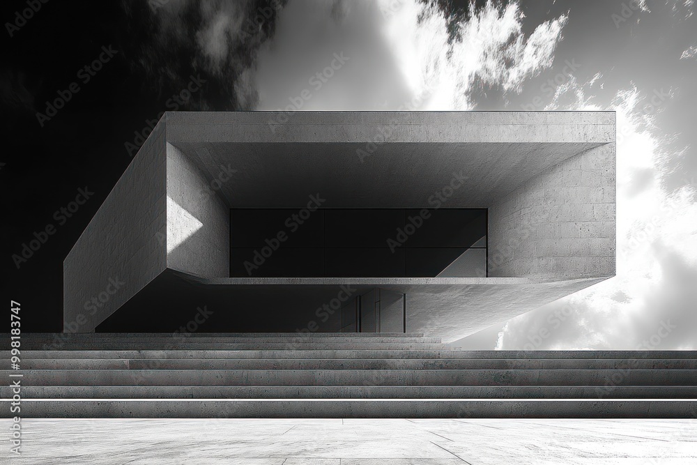 Sticker A modern concrete building with a large window and a staircase leading up to the entrance. The building is set against a cloudy sky.