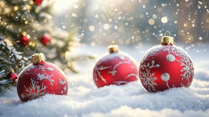 Christmas baubles scattered on snow, with a snow-dusted Christmas tree providing a beautiful backdrop. The falling snow enhances the peaceful, festive scene.