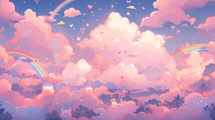 Whimsical background with cartoonish elements like pastel clouds, rainbows, and magical creatures, evoking a sense of childlike wonder