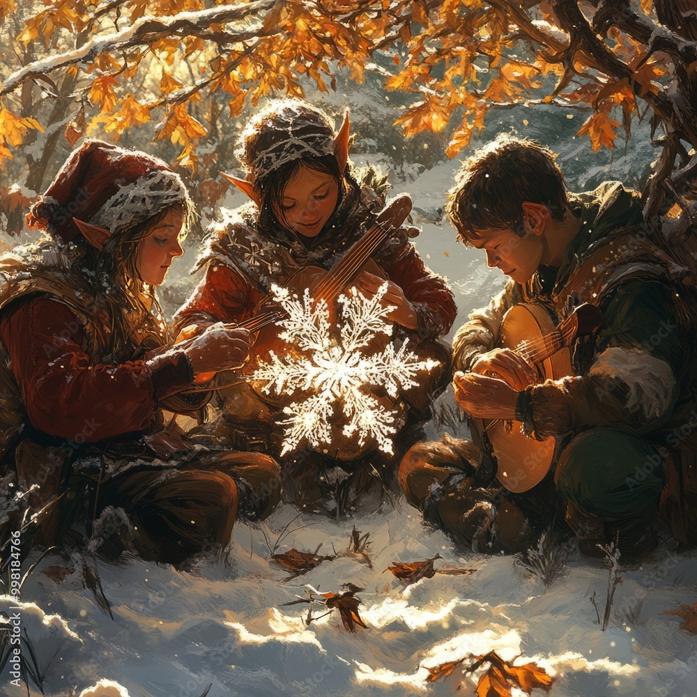 Poster Three children in winter forest, one holding a snowflake, playing music.