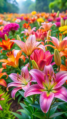 Fototapeta premium pink and yellow flowersflower, nature, plant, lily, pink, garden, beauty, spring, bloom, orange, blossom, flowers, flora, petal, summer, red, floral, color, white, isolated, petals, blooming, macro, l