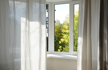 View from the window on the garden green trees .