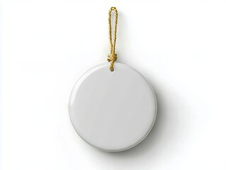 A white ornament hanging from a gold string on a white background