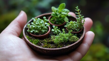 Miniature Garden in Hand with Various Herbs and Moss