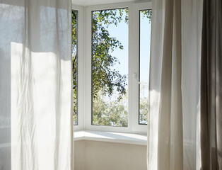 View from the window on the garden green trees .